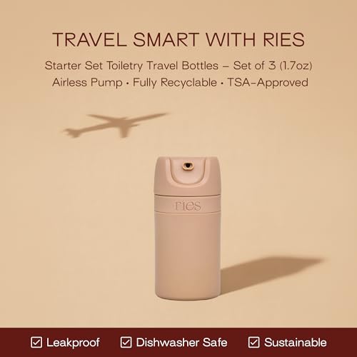 Image of RIES Airless Pump Travel Bottles Set of 3 | TSA Approved Leak Proof Toiletry Containers | 1.7 oz Refillable BPA Free Travel Size Bottles | Shampoo Conditioner | Sand