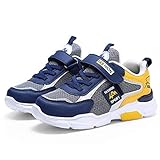 CELANDA Kinder Leicht Turnschuhe Laufschuhe Atmungsaktiv Komfortabel Sportschuhe für Jungen Mädchen Outdoor Fitnessschuhe Klett Sneakers Tiefblaues Gelb 33EU