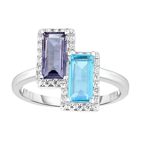 925 Sterling Silver Simulated Amethyst , Blue Topaz Ring, Baguette Cut Cubic Zirconia Statement Ring-Size 7 Cover