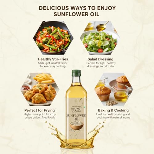 Image of LILA DRY FRUITS Sunflower Oil for Cooking 500 ML | Pure & Unrefined Cold Pressed Surajmukhi ka Tel | Hexane Free, Kolhu /Chekku, Refined Edible Oil for Frying, Daily Use Kitchen Oil Chemical Free
