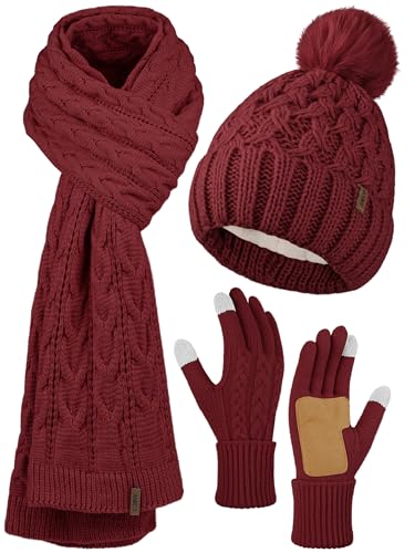 Aneco Women Winter Beanie Hat Scarf Gloves with Pom Pom Fleece Lined Touchscreen Gloves Set Thick Warm Knit Cap 3-in-1 Set Burgundy