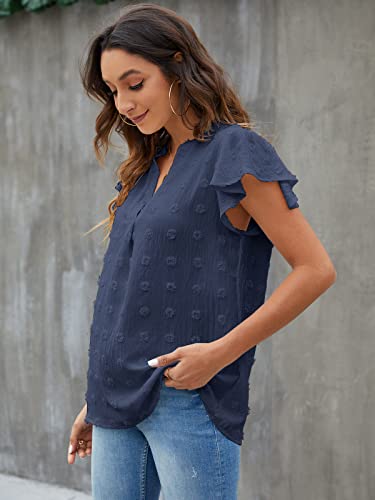 Blooming Jelly Womens White Blouse V Neck Ruffle Sleeve Flowy Shirts Dressy Casual Cute Summer Tops(Medium, Blue) #TOP1