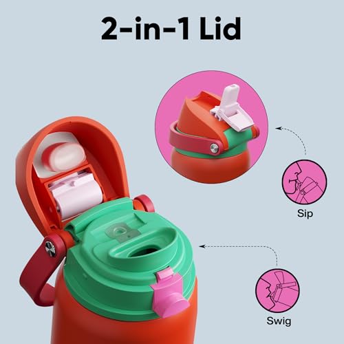 Image of Insulated Water Bottle with Straw - Encool Stainless Steel Water Bottle with Push Button Lid, Leak-Proof & BPA-Free, Keeps Cold for 24 Hours for Sports, Travel, Gym (32 oz, Grapefruit Red)