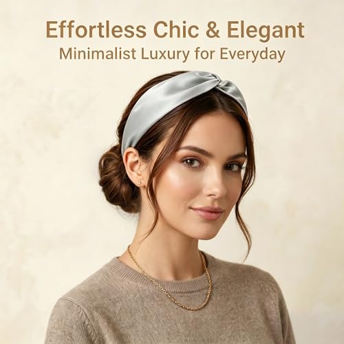 Image of ZLYC Mulberry Silk Headband for Women's Hair Elastic Hairband, Solid Silver