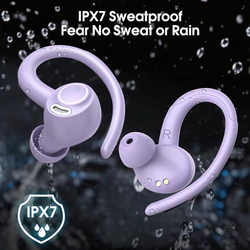 Image of Wireless Earbuds Bluetooth 5.3 Headphones Sports, 48H Earphone with ENC Mic, Stereo Deep Bass Bluetooth Earbuds with Secure Earhooks, LED Display, IPX7 Waterproof Over Ear Buds for Running /Gym Purple