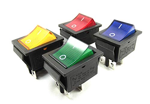 4 x Rocker Switch 2 Pin (4 pin) 16 A 250 VAC 28.5 x 21.5 mm Device Switch Red Green Yellow Blue Illuminated