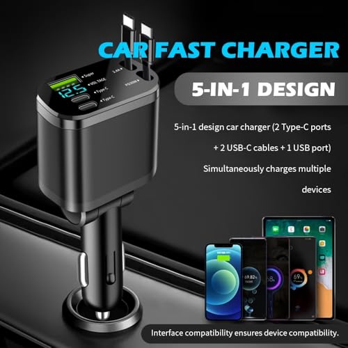 Image of 120W Fast Car Charger with 80CM Retractable Type-C & 30-pin Port Cables Charging for 4 Devices - Universal Car Mobile Charger for All Smartphones & Tablets (5 in 1 Car Charger)