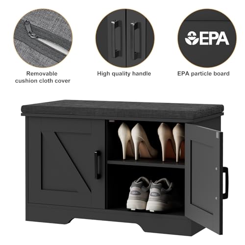 Image of HOMSHO Farmhouse Shoe Storage Bench with 2 Barn Doors & Padded Seat Cushion | 27.6 inch Wide Entryway Bench with Adjustable Shelves & Hidden Storage, Black