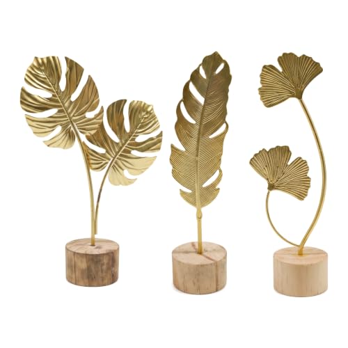 Image of Valicaer 3PCS Gold Ornaments​ Set, Living Room Decor​ & Shelf Ornaments​ – Double Ginkgo Leaf, Feather & Double Turtleback Leaf Metal Sculptures with Wooden Base