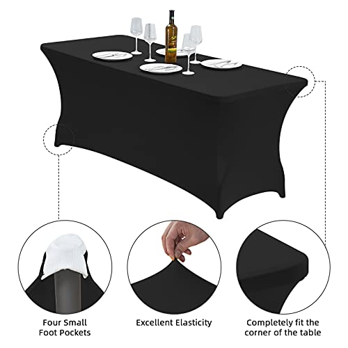 Image of CWK 4FT Waterproof Stretch Spandex Table Cover for Rectangular Tables - Elastic Fitted Tablecloth for Folding Tables,Wrinkle Resistant Table Cloth for Parties, Weddings, Banquets & Events (Black)