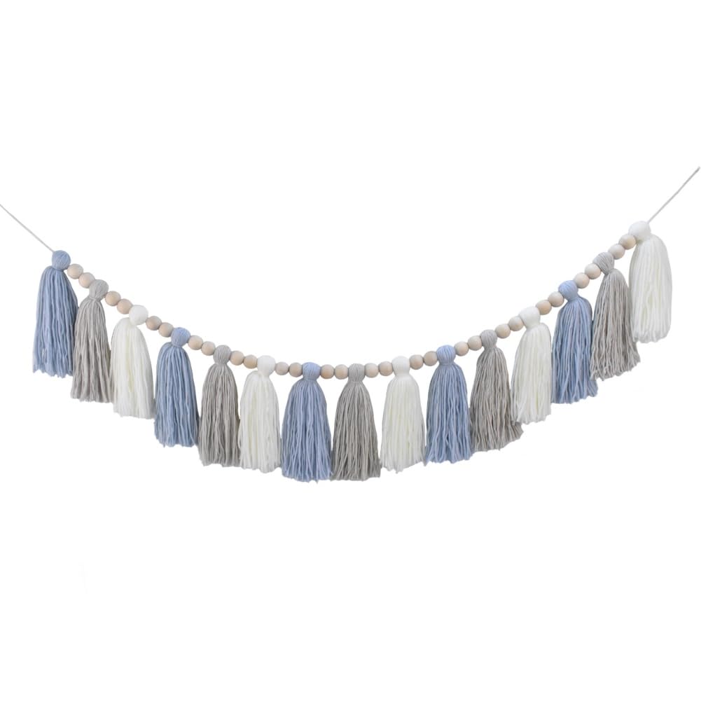 DrCor Coastal Blue White Tassel Garland – Boho Decor