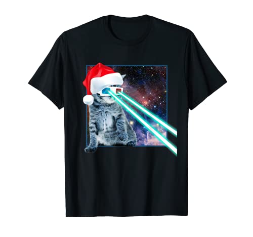Laser Eye Cat in Santa Hat e occhiali 3D in Space T-Shirt Maglietta
