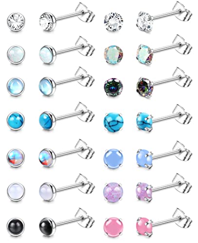 SAILIMUE 14 Pairs Hypoallergenic Surgical Steel Earrings for Women Men Small Stud Earrings CZ Opal Moonstone Turquoise Earrings Studs Set Cartilage Piercing Jewelry 20G