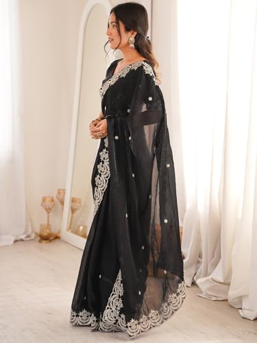 Image of SIRIL Women's Tissue Silk Sequence Embroidery Saree With Unstitched Blouse Piece