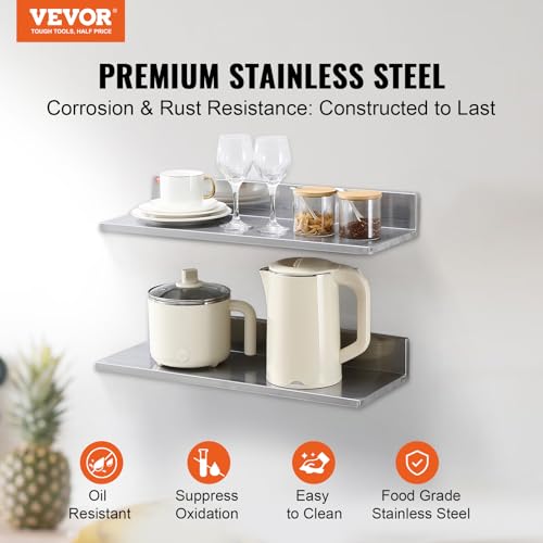 vevor 8634 x 2434 -2pack stainless steel shelf wall mounted floating shelving with backsplash 44 lbs load capacity commercial shelves heavy duty storage rack for restaurant kitchen bar home