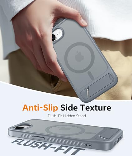 Image of FNTCASE for iPhone 16E Phone Case: [Magnetic Stand] [Compatible with Magsafe] Translucent Matte Military Grade Shockproof Drop Rugged Protective Phone Cover, Gray