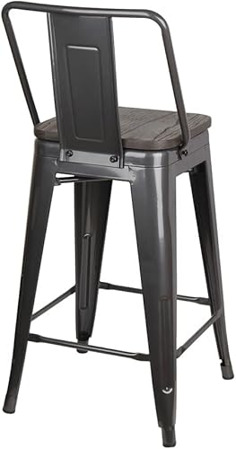 Miniatura 7 de GIA Silla taburete de metal con respaldo medio de 24 pulgadas de altura de mostrador con asiento de madera oscura, gris pistola