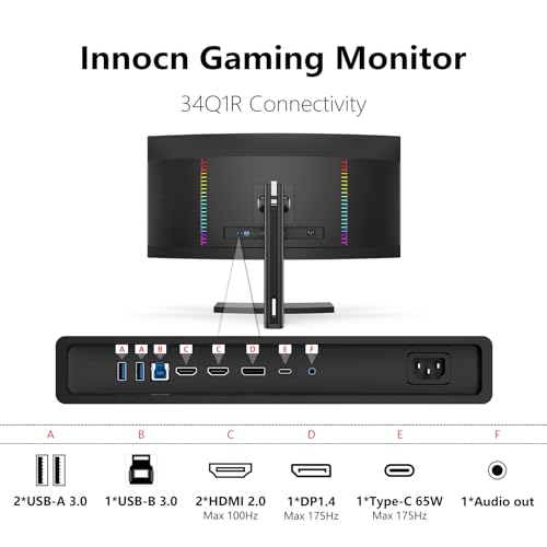 Image of INNOCN 34Q1R 34 inch OLED Gaming Ultrawide Monitor Curved WQHD 3440 x 1440p 175Hz Computer Monitor, USB Type C Power Delivery, HDMI, DP, Stereo Speakers, Charger Pad, Black