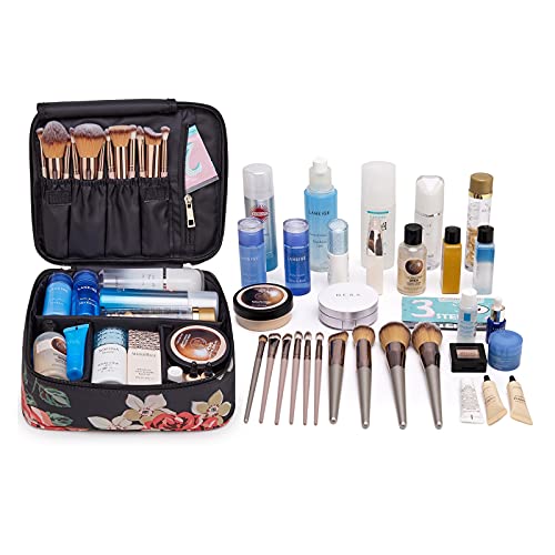 Narwey Travel Makeup Bag Large Cosmetic Bag Makeup Case Organizer for Women and Girls (Black Flower) - Image 3