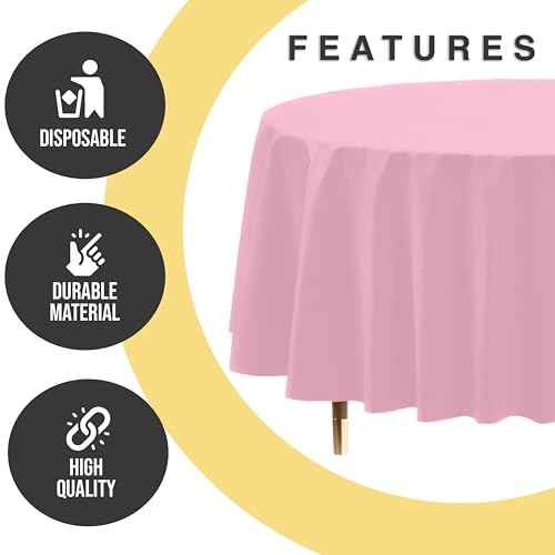 Image of Exquisite 66% Thicker Premium Pink Round Tablecloth 0.5 Mil 24 Pack Plastic Table Cloth Disposable 84 Inch Round Plastic Tablecloth Won't Tear Easily Like Cheap Thin Brands