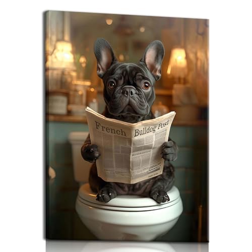 Framed Funny Bathroom Wall Art Bulldog Poster Dog Animal Print Bathroom Black and White Canvas Gallery Picture Painting Decor 12x16 Inch Ready to Hang