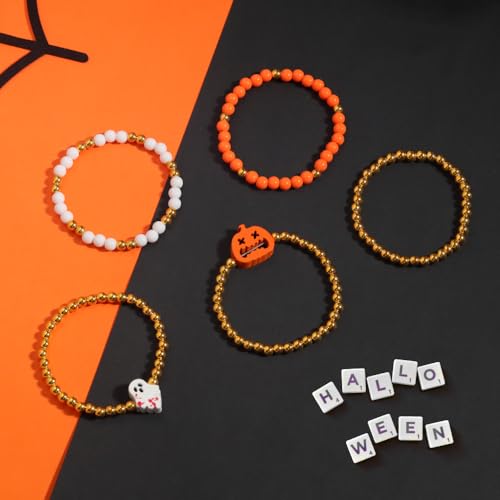 Halloween Bracelets Set for Women,10Pcs Clay Preppy Heishi Boo Skull Charm Beads Stackable Bracelet Surfer Ghost Pumpkin StretchAccessories Jewelry Gift4