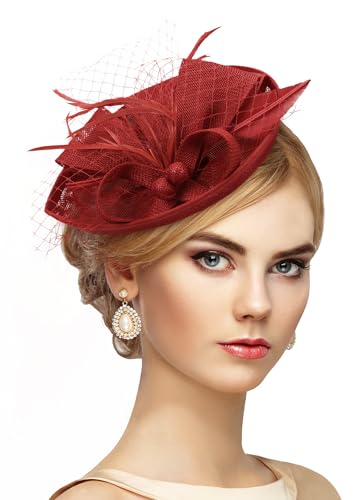 Zinniday Tea Party Hat for Women - 2026 Derby Fascinator with Detachable Headband (7.87 x5.9 / Head Circumference 21.5-23.5) - Lightweight Feather & Polyester Red