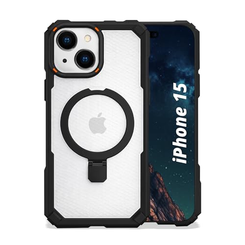 Image of AIBEX Transparent Back Cover Compatible for iPhone 15| Mag-Saf Magnetic Ring Kickstand | Shockproof Dual Layer Military Grade Drop Protection Armor Case| Wireless Charging Support - Black