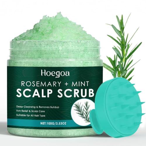Hoegoa Scalp Scrub Rosemary Scalps Exfoliator Scrub Shampoo 2-in-1 Scalp Treatment with Maris Sal Hair Treatment with Silicone Massager Clarify and Remove Build Up 100g