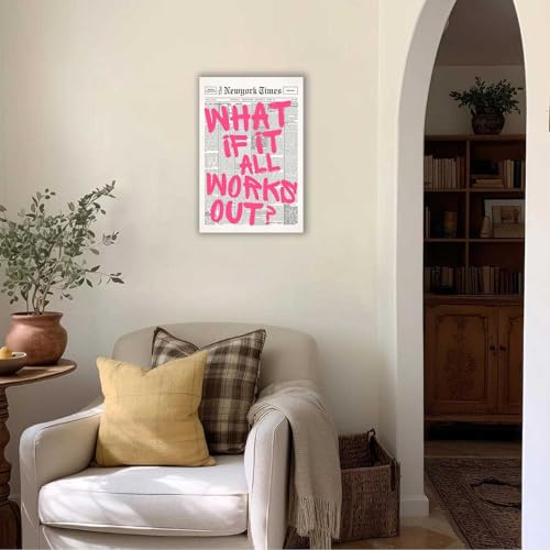 Image of Drimiler Retro Newspaper Pink Font Poster What If It All Works Out Canvas Wall Art Positive Affirming Quote Minimalist Prints Painting For Home Bedroom Dorm Wall Decor 12x16in Wframed