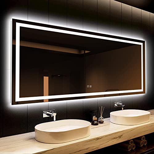 ROOMTEC 60 x 36 Inches LED Bathroom Mirror with Front and Backlit,Anti-Fog,3 Colors and Dimmable Light(Horizontal/Vertical), Silver
