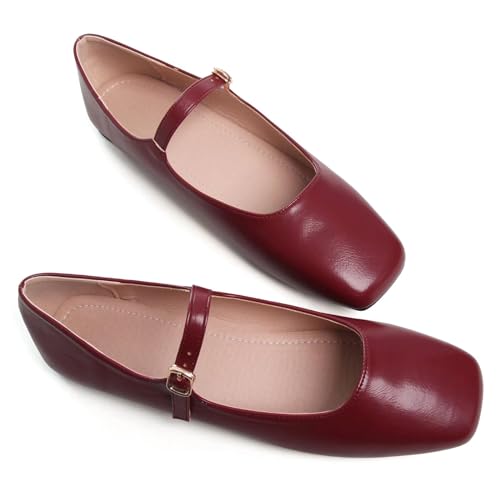 Stunner Women's Mary Jane Flats Fashion Square Toe Soft Ballet Flats Comfort Leather Office Driving Flat Shoes Dark red 37(6.5) 22