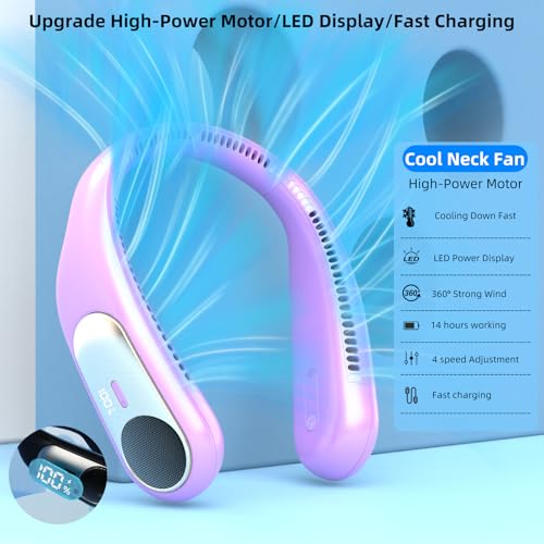 Image of Portable Neck Fan, Personal Wearable Bladeless Fan for Outdoor Indoor, LED Display, 360 Cooling, 4-Speeds, 6000mAh USB Rechargeable, Birthday Gifts for Men Women Dad Mom (Purple)