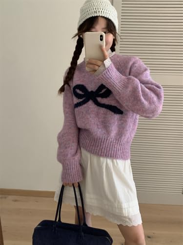 Image of Women's Y2K Bow Print Cropped Sweater Casual Loose Fit Pullover Tops Long Sleeve Crew Neck Chunky Knit Jumpers