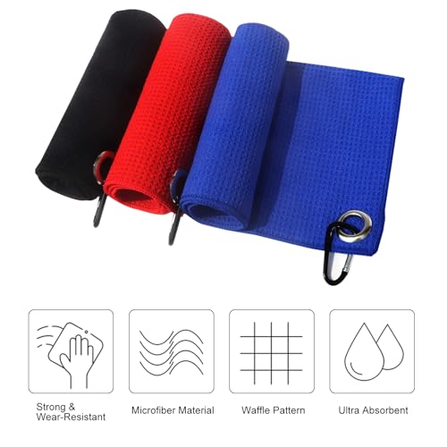 BasicGear Golf Towel with Carabiner Clip, 3 Pack, 16x16 in, Black/Red/Blue - image 2