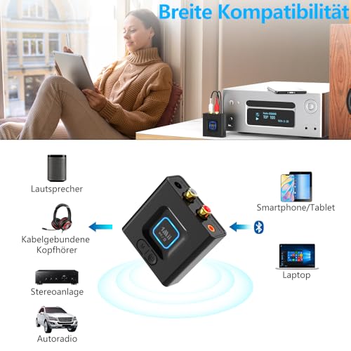 1Mii ML201 Bluetooth 5.1 Empfänger für Stereoanlage, HiFi Audio Adapter mit 3.5mm & Cinch, Bass-Modus, 12h Akku, Kabelloser Receiver für Smartphone, Tablet & PC