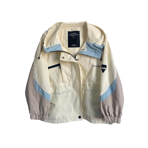Classic Hooded Jacket, Color Block Design, Cream White with Light Blue and Khak