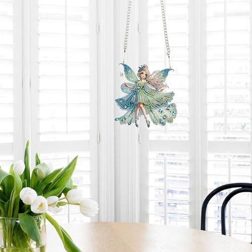 Image of AiYuanzsh Green Butterfly Fairy Diamond Art Painting Hanging Pendant Kit Special Shaped Diamond Dots Art Acrylic Ornaments Diamond Art Painting Pendant for Adult Home Wall Window Decor Gift