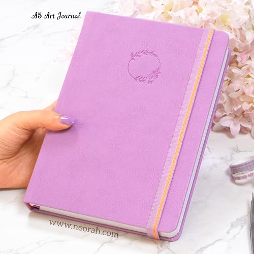 Image of NEORAH - A5 - ART JOURNAL | 200 Gsm Dotgrid Notebook | 160 Pages(21.0 x 14.8 cm) |Hard Cover|3 Bookmarks|Elastic Closure |Back Pocket | Ideal - Bujo,Drawing & Painting, Junk Journal (Lavender)