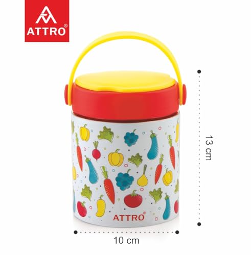 Image of ATTRO Happy Go Vacuum Insulated ISI Certified Stainless Steel Soup Jar 500ml, Leakproof, Long Temperature Retention for Kids & Adults,Ideal for School,Office,Picnic & Travel - Fruity Veggie Fun Yellow