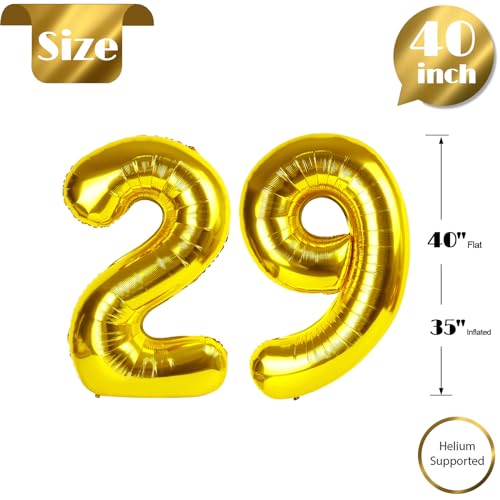 Image of Gold Number 29 Balloon 40 inch, 29 Number Balloons, 29th Gold Birthday Decorations, 29 Year Old Women Men Golden Party Supplies