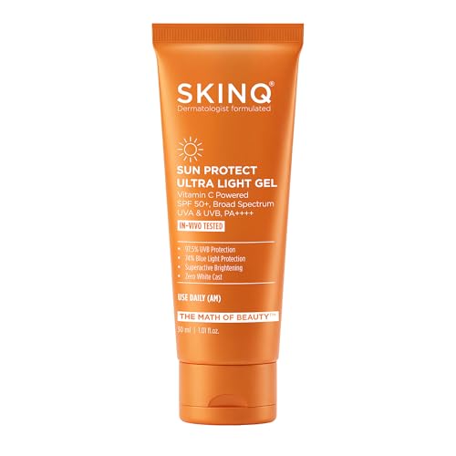 Image of SKINQ Sun Protect Gel Sunscreen SPF 50+ PA++++ with Vitamin C | Zero White Cast | UVB Protection | Lightweight, Non-Greasy | For Normal, Dry & Sensitive Skin | In-Vivo Tested | Dermat Formulated | 30ml