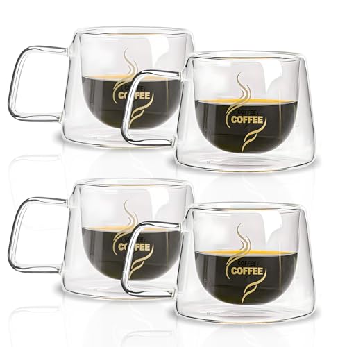 ASelected 4 PCS Double Walled Coffee Glasses Mugs,200ml Cappuccino Latte Macchiato Glasses Cups Set of 4,Heat Resistant Glass Cups with Handle for Hot Drinks Coffee Tea Milk Juice Ice Cream