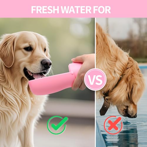Dog Water Bottle, Leak Proof Portable Puppy Water Dispenser, Travel Puppy Water Bowl, Foldable Transparent Dog Water Bottle for Pets Outdoor Walking, Hiking, Travel, Food Grade Plastic - 10oz Pink — view 6