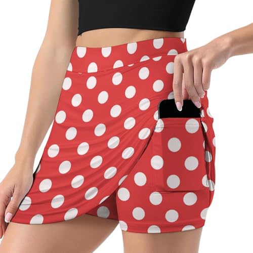White Polka Dot Red Print Skorts for Woman, Athletic Mini Golf Skirt Tennis Skirt for Women with Pocket