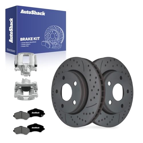 AutoShack Front Brake Rotors, Premium Pads & Calipers for Jeep, Wrangler 2013-2017, 4WD V6 3.6L - Coated Drilled & Slotted - Black Matte Finish - BlackShield - 11.89" (302.1 mm), 5-Lug