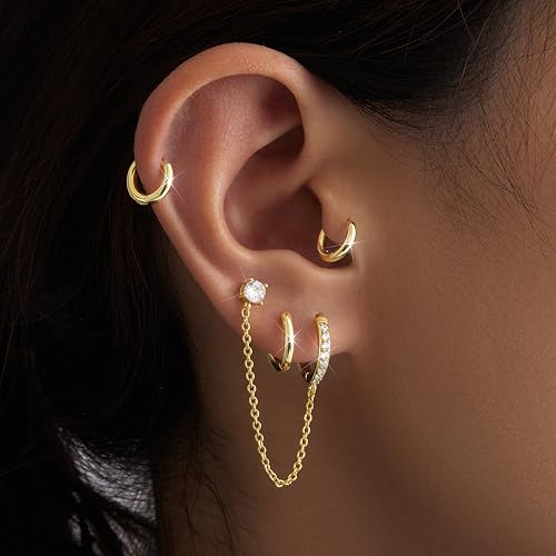 Image of Small Gold Huggie Hoop Earrings Set for Women Men Hypoallergenic 14K Plated Stack Cartilage Earrings, Sterling Silver Multiple Piercing Lightweight Mini Thin Cute Dainty Trendy Jewelry Gifts for Women