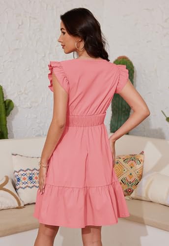 Image of Jayscreate Women's Ruffle Sleeve Layered Dress Pockets Elastic Waist 2025 V Neck Above Knee Summer Casual Cute Dress