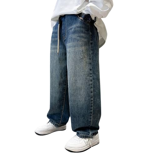 Boys Baggy Jeans Straight Wide Leg Elastic Waist Denim Pants Kids Classic Distressed Casual Washed Fall Trousers