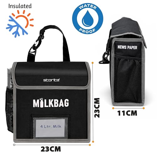 Image of Storite Milk Bag for Door Hanging, Insulated & Waterproof Milk Storage Bag for Milk Sachets & Bottles | Outdoor Gate Delivery Basket Box with Note & Newspaper Pocket | Black, Small (23x11x23 cm)